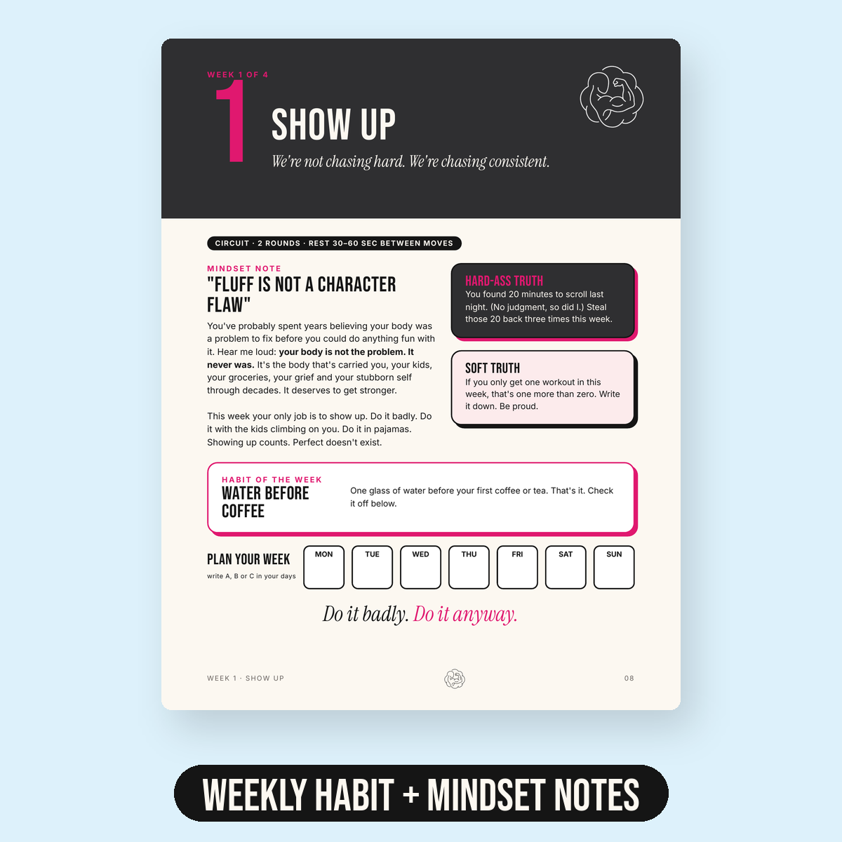 Buff in Progress workbook: weekly habit and mindset notes